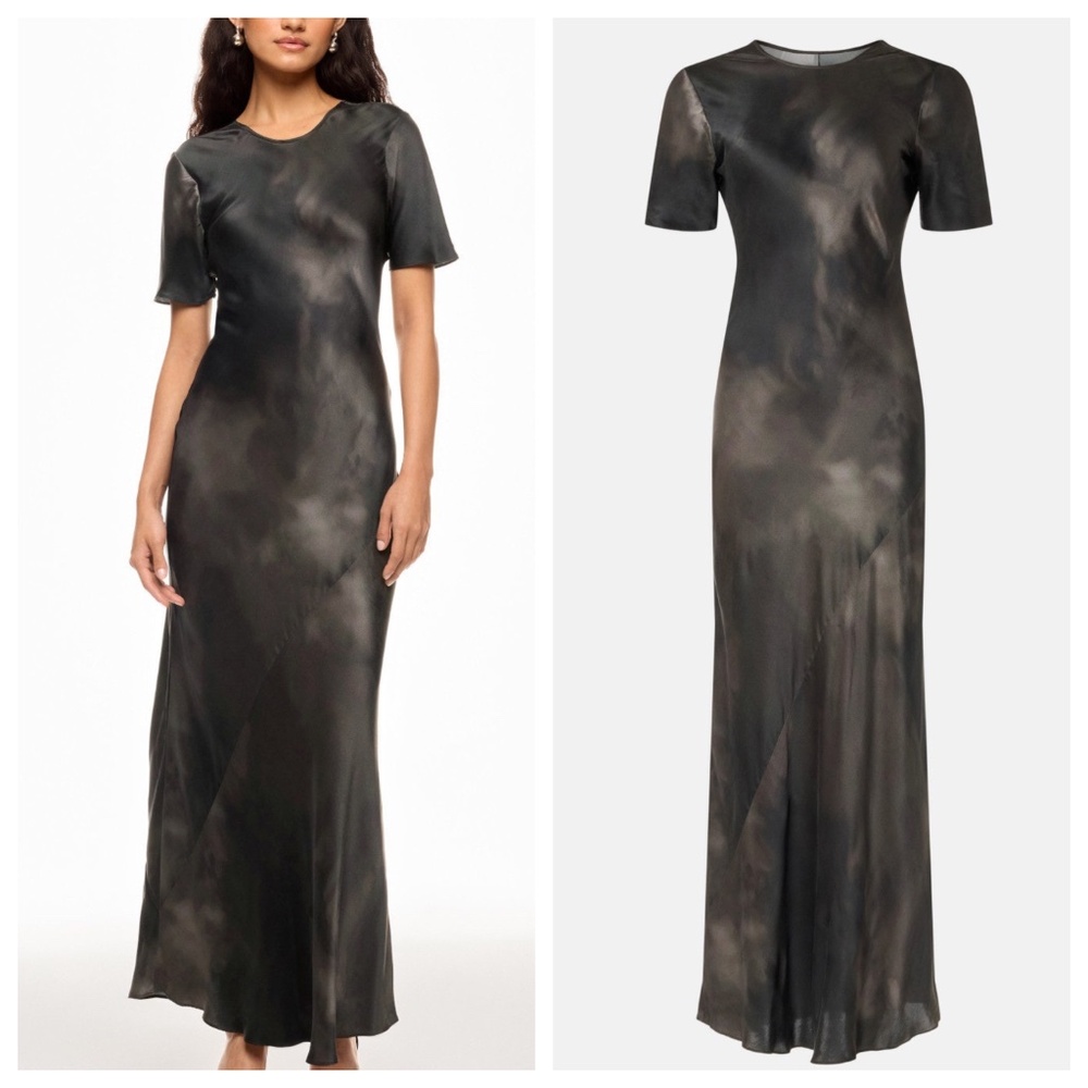 Silk Laundry Bias Black and Grey Abstract Tie Dye Print Maxi Dress - SMALL